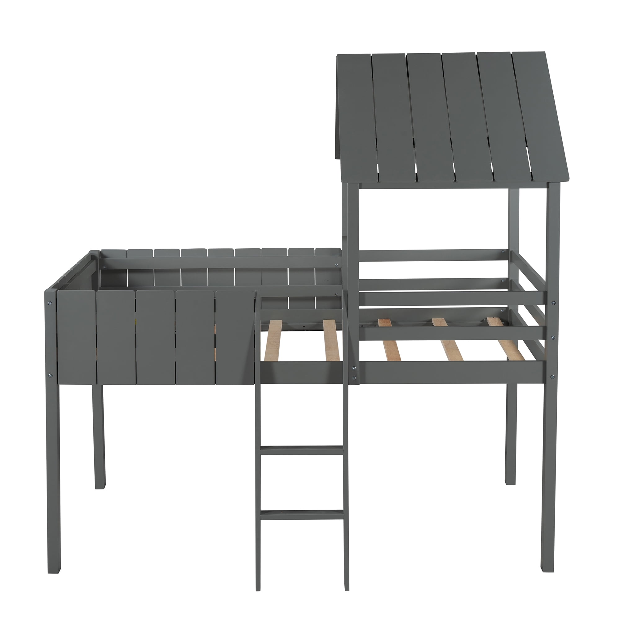 Toddler House Bed, Solid Wood Loft Bed Frame with Roof for Kids Bedroom