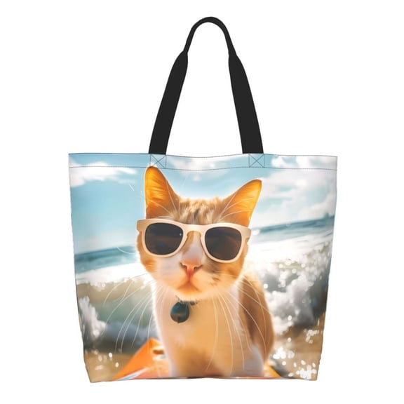 Honeii Surfing Cat Sun Print Tote Bag for Women, Foldable Tote Bag Large Shoulder Bag Top Handle Handbag for Travel, Work