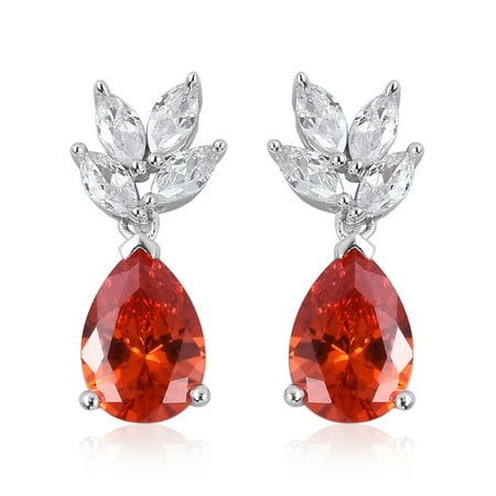 - 925 Sterling Silver Pear Cubic Zircon Orange White Cubic Zirconia CZ Dangle Drop Earrings Cttw 6.5