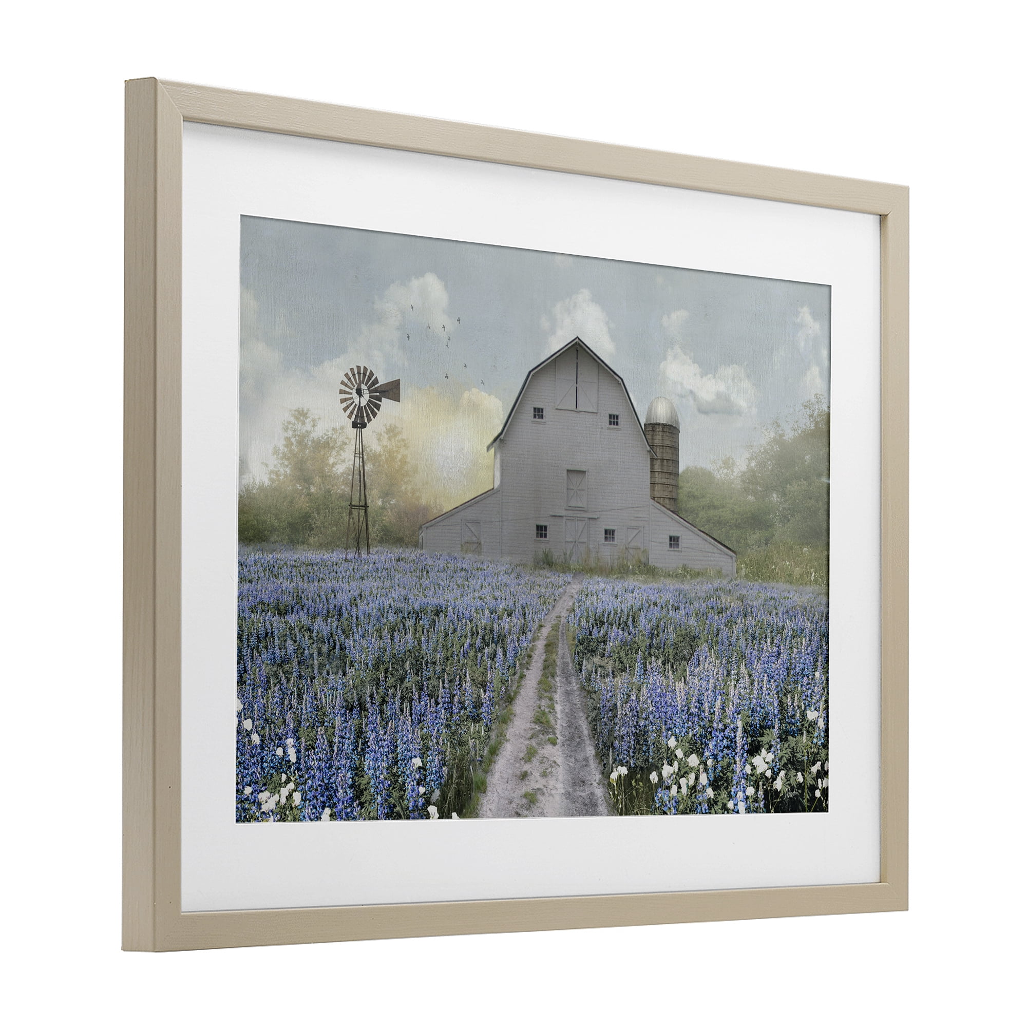 Stupell Industries Meadow of Blue Flowers & Barn Birch Framed Print Under Glass, design by Nan