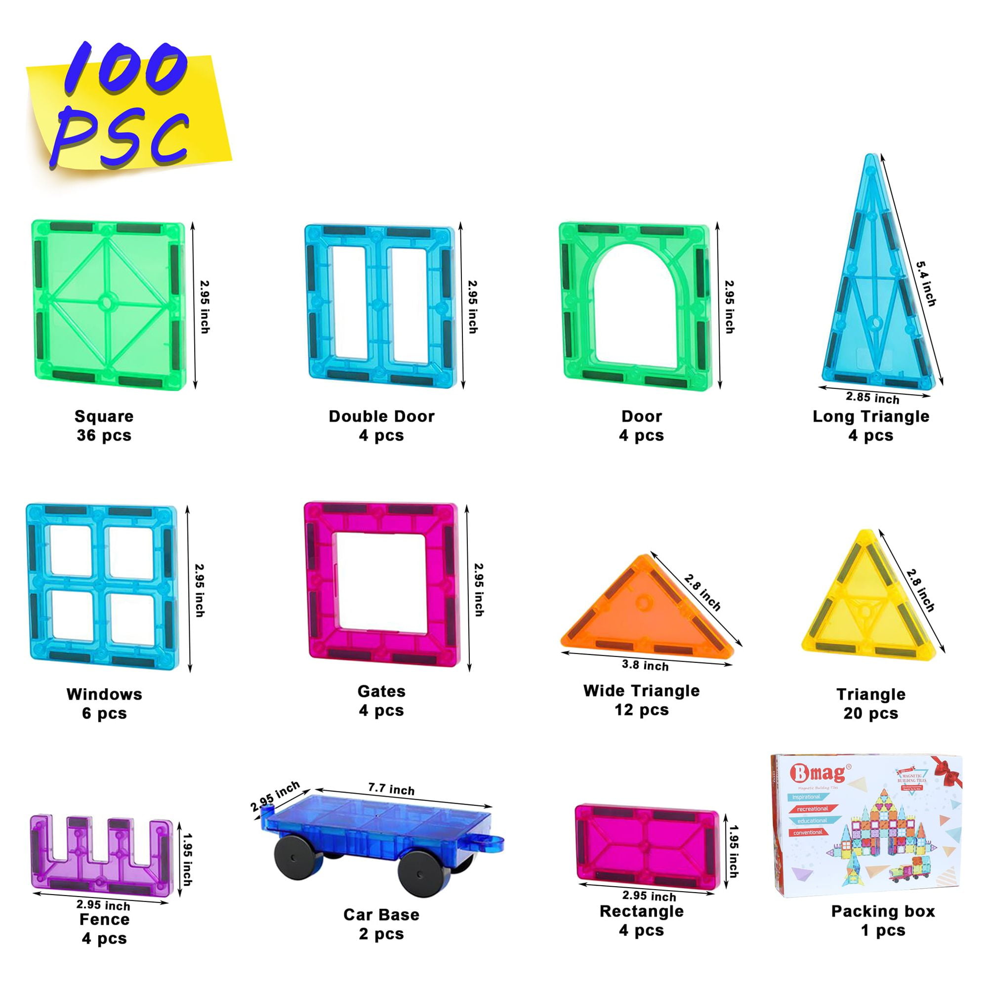 Playmags 100-Piece Magnetic Tiles Building Blocks Set, 3D Magnet Tiles for  Kids 86138103738