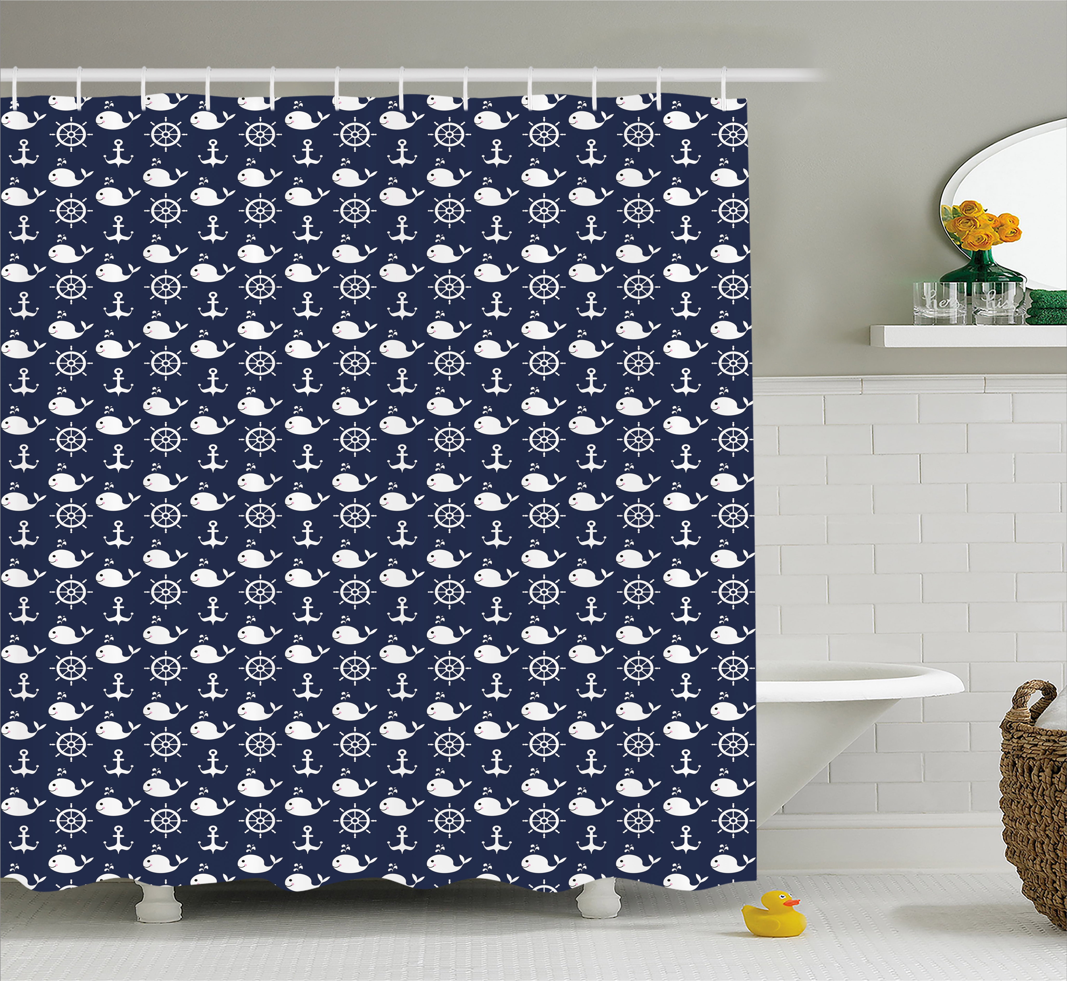 Navy Blue Shower Curtain, Maritime Pattern with Whales Helms Anchors