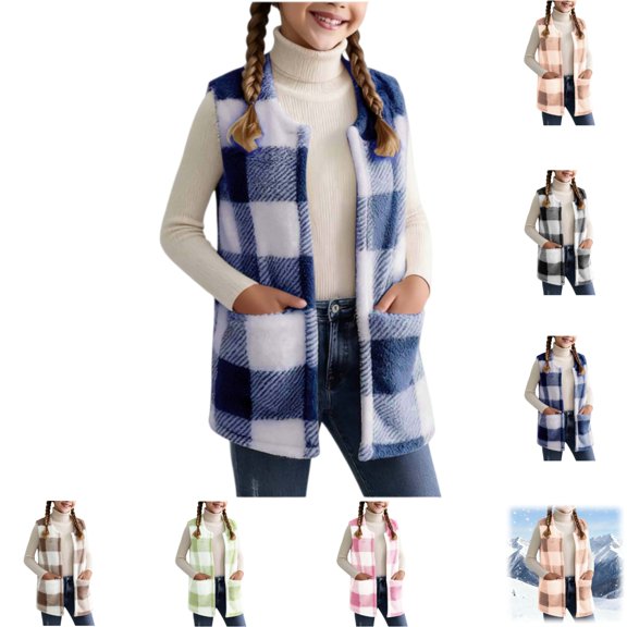 YOUYEDIAN Plaid Fleece Vest for Girls Casual Warm Fuzzy Sleeveless Jacket Fashion Fluffy Outerwear