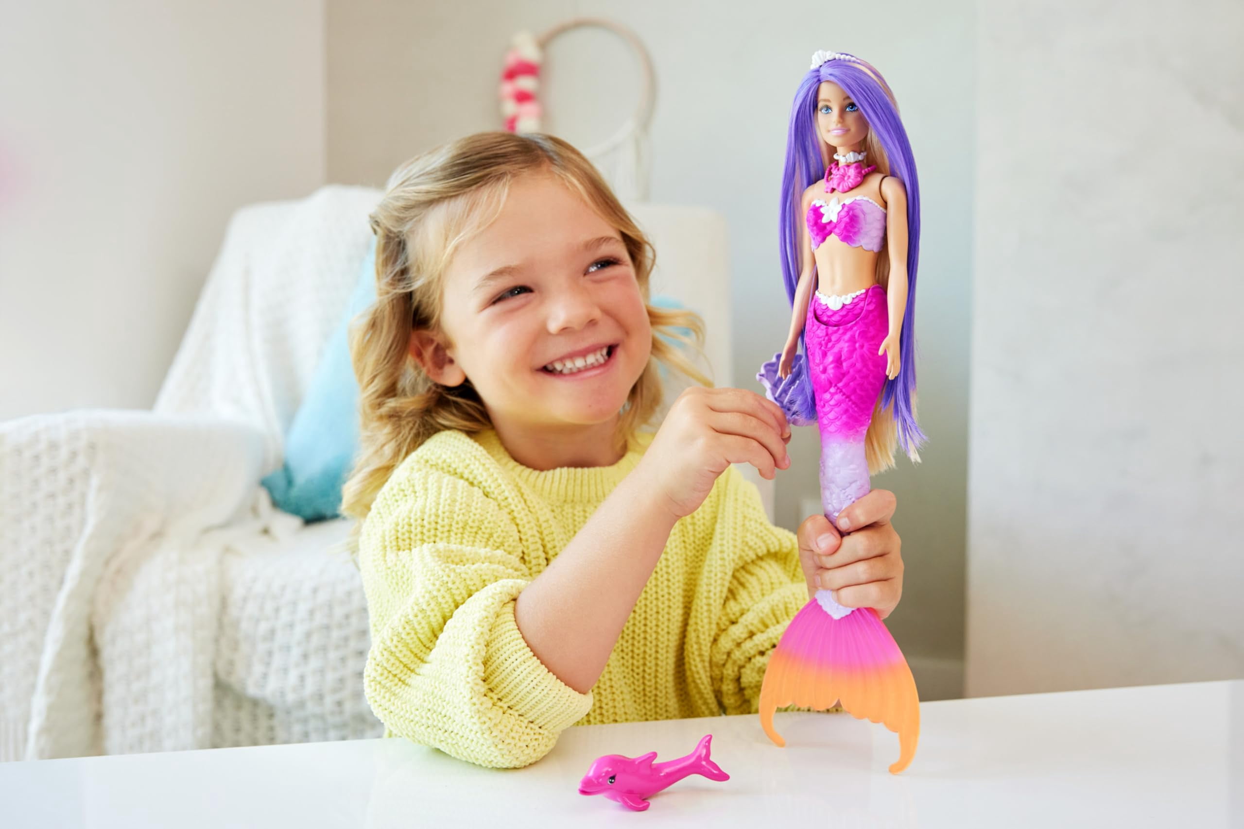 Barbie Mermaid Doll, Malibu with Pink Hair, Styling Accessories, Pet Dolphin and Water-Activated Color Change Feature Multicolor