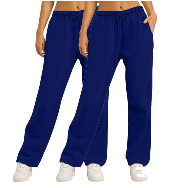 FAIWAD 2pc Straight Leg Sweatpants for Women Solid Color Elastic Waist Loose Jogger Pants with Drawstring