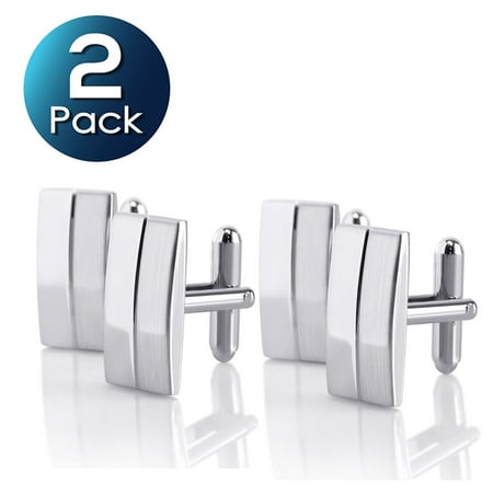 Rectangular Cufflinks - 2 Pack Zodaca 21 x 10.5 mm Silver Rectangular Stripe Cufflinks Cuff Links For Attire