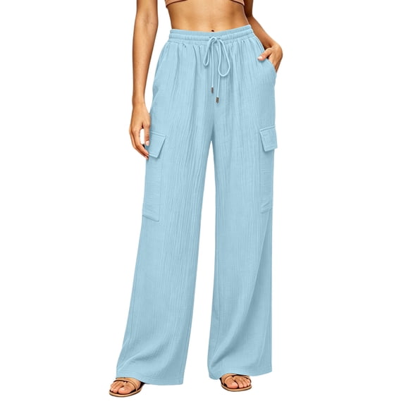CHGBMOK Women's Pants High Waist Drawstring Wide Leg Pants Loose Casual Trousers with Side Pockets Solid Daily Versatile