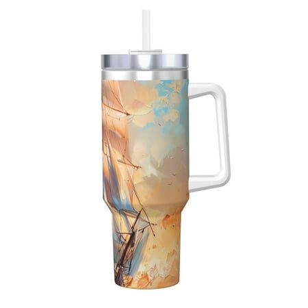 

Goofa Sailing Ship Ocean Sunset Print 40oz Ice Bully With Handle And Straw Stainless Steel Vacuum Insulated Cup And 2 In 1 Straw Lid