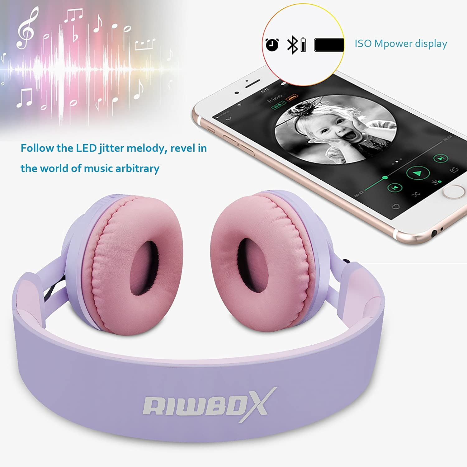 Riwbox WT-7S Bluetooth Headphones Light Up, Foldable Stero Wireless Headset with Microphone and Volume Control for PC/Cell Ph