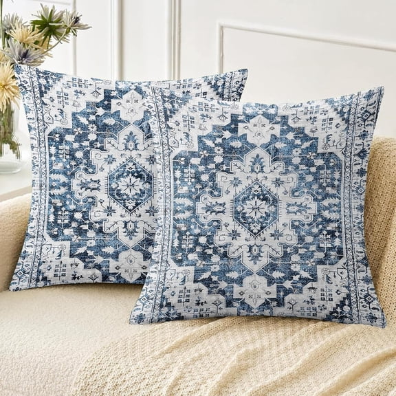 Boho Throw Pillow Covers 18x18 inch Set of 2,Soft Pillowcases Bohemia Carpet Pattern Decorative Sofa Living Room Bed Square Pillow Case Cushion Cover-Blue White