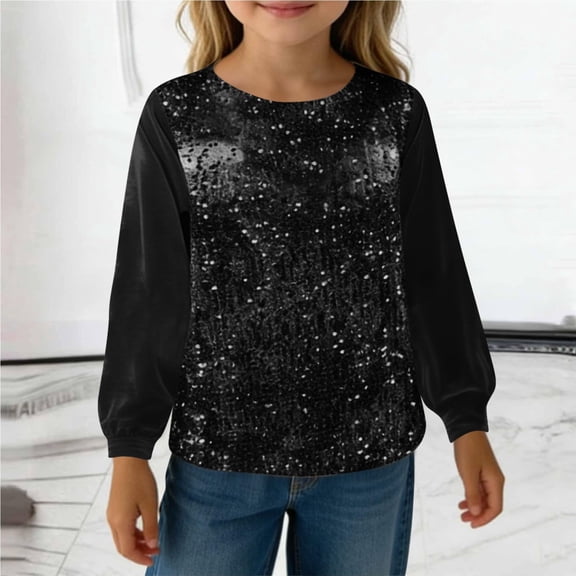 ZHOGXU Toddler Kids Girls Top Long Sleeve Round Neck Solid Color Glitter Sequins Loose Fit Comfortable Tee For Casual Daily Wear,Black,120