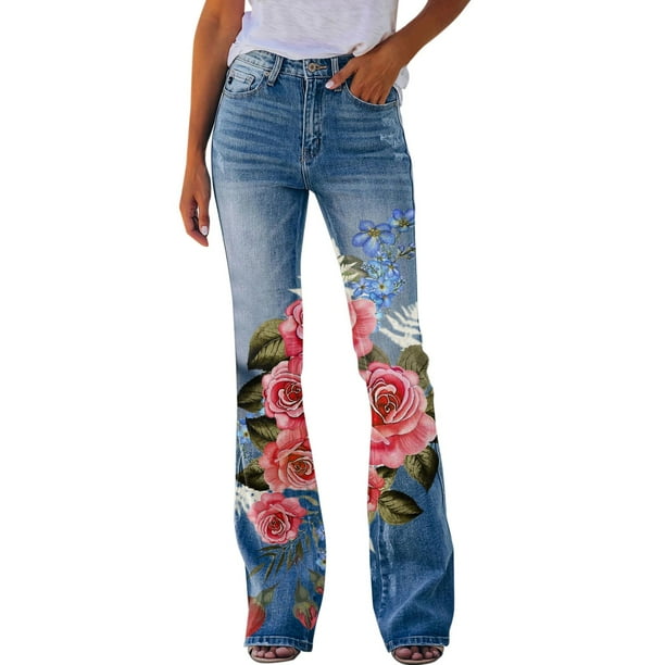 Gibobby Jeans dama Pantalones vaqueros con dobladillo suelto con patrón estampado informal para mujer Pantalones acampanados elásticos(Rosa,M)