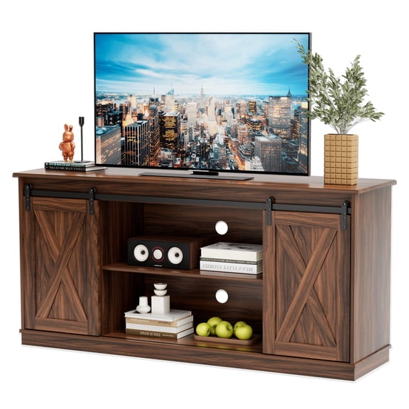 Rust TV Stand For 65 Inch TV Entertainment Center With Sliding Barn Doors And Open Shelves Mid-Century Modern Media Console