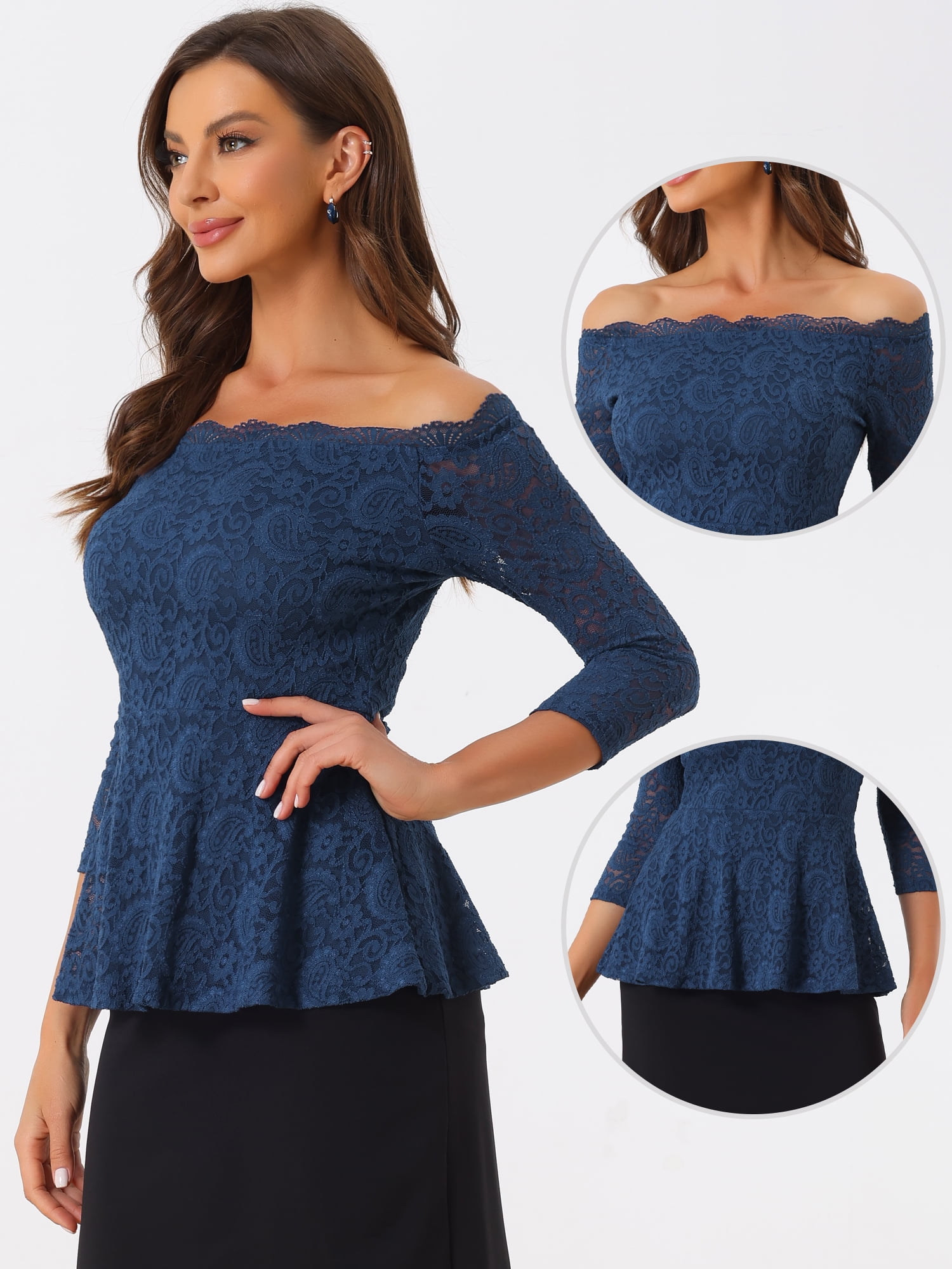 DARING DIVA Lace Off the Shoulder Sheer Peplum Blouse Top S Dark Blue