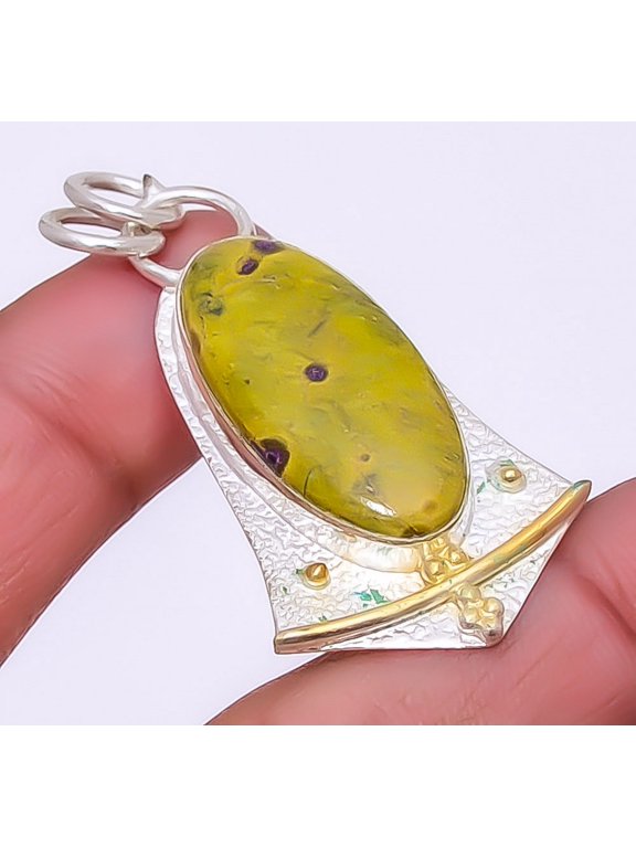 Atlantisite Stichite 925 Sterling Silver Two Tone Gold Plated Pendant 1.95" T930, Beautiful Jewelry For Woman, New Year Sale, Valentin's Day Gift