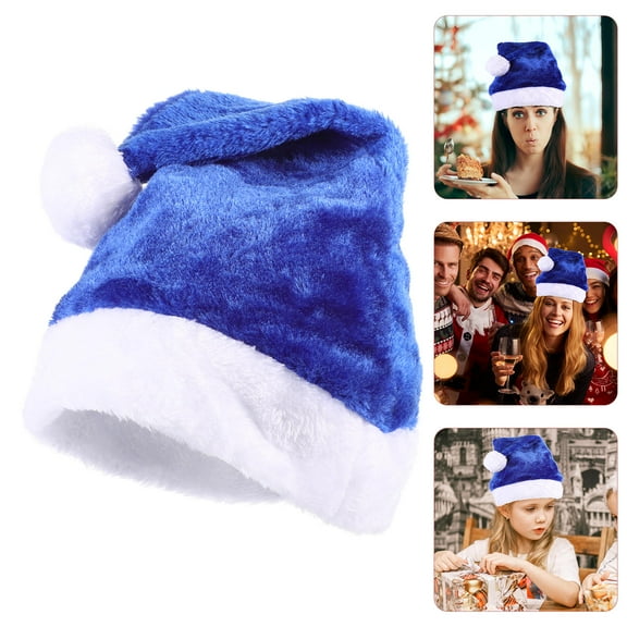 KONTONTY Blue Plush Christmas Santa Hat for Xmas Party and Photoshoot Lightweight Warm and One Size Fits All
