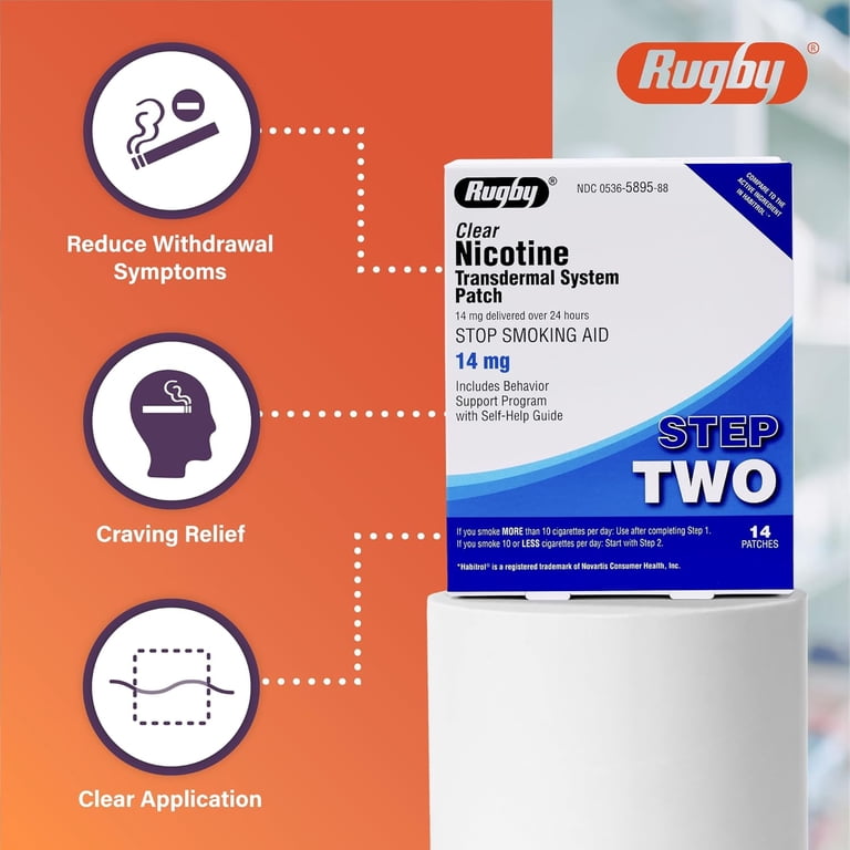 Rugby Clear Nicotine Patches - 14mg Transdermal System Patch - Smoking or Vaping Quitting Aid