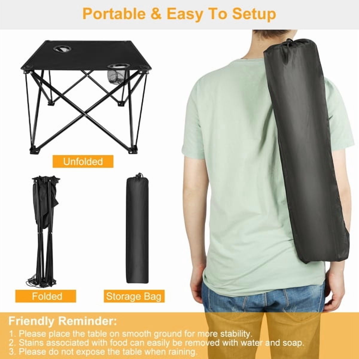 18.5" Square Lightweight Portable Folding Table Waterproof Polyester Top With Cup Holders For Camping Picnics Backpacking