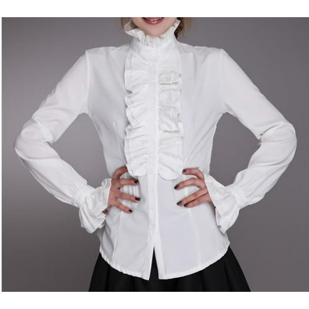 Victorian Womens Long Sleeves Tops High Neck Frilly Ruffle Shirt Blouse ...