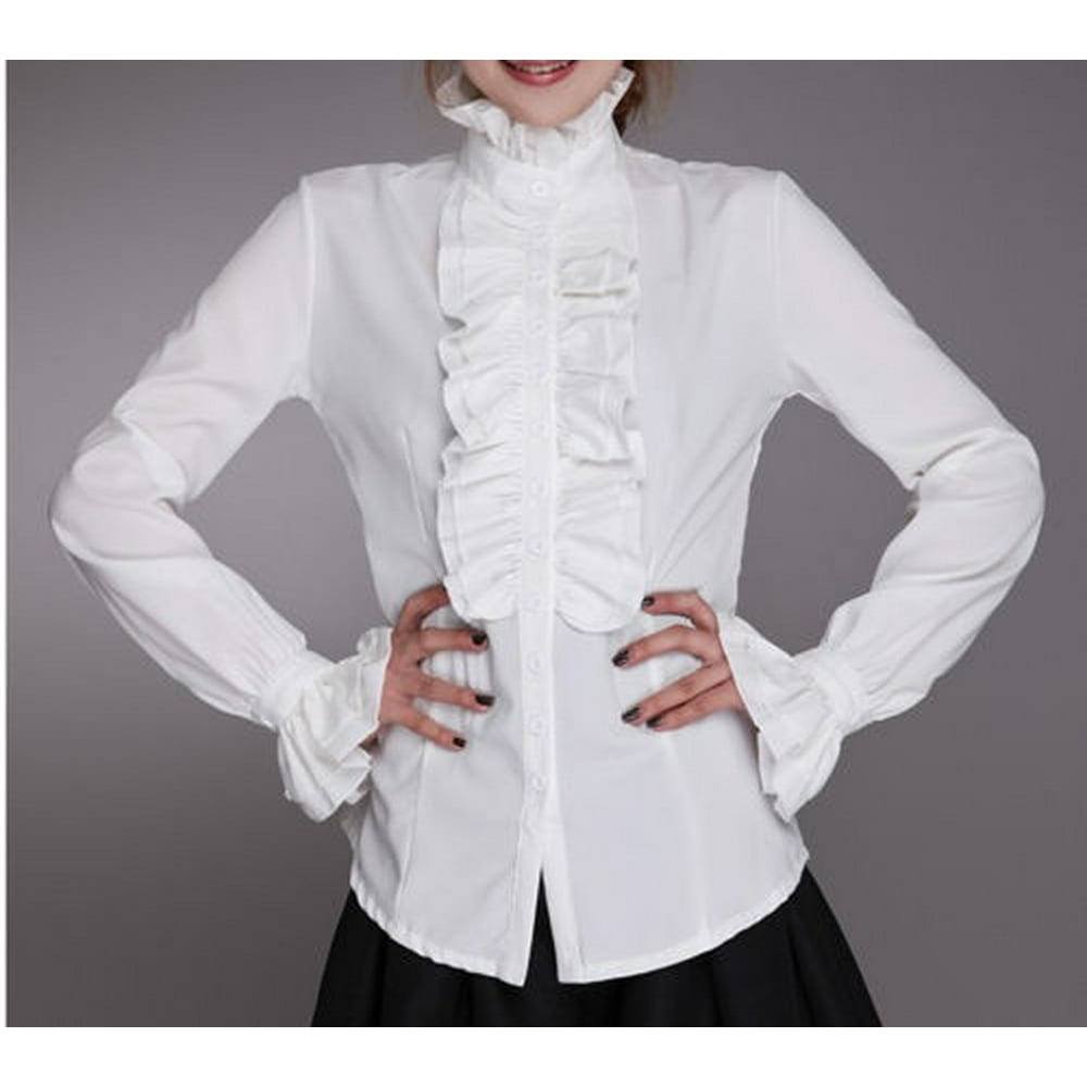 Canis - Victorian Womens Long Sleeves Tops High Neck Frilly Ruffle