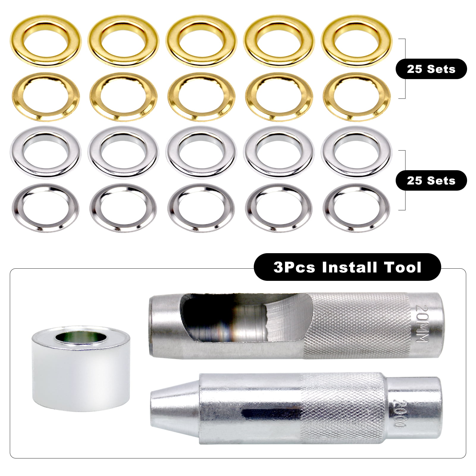 RULLINE 50 Sets 3/4" Grommet Tool Kit, Grommet Setting Tool Copper Grommets Eyelets, 2 Colors,with 3 Pcs Install Tool