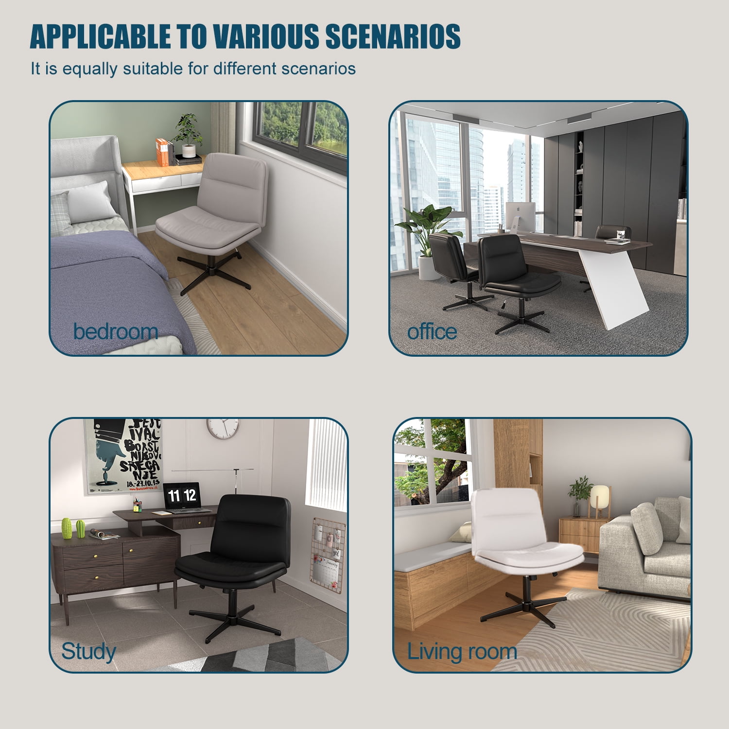 Cross Legged Office Chair,Armless Comfy Criss Cross Chair Wide Seat Ergonomic Home Office Desk Chair No Wheels Swivel Home Office Desk Computer Chair for Vanity Home Office Bedroom,Milky White