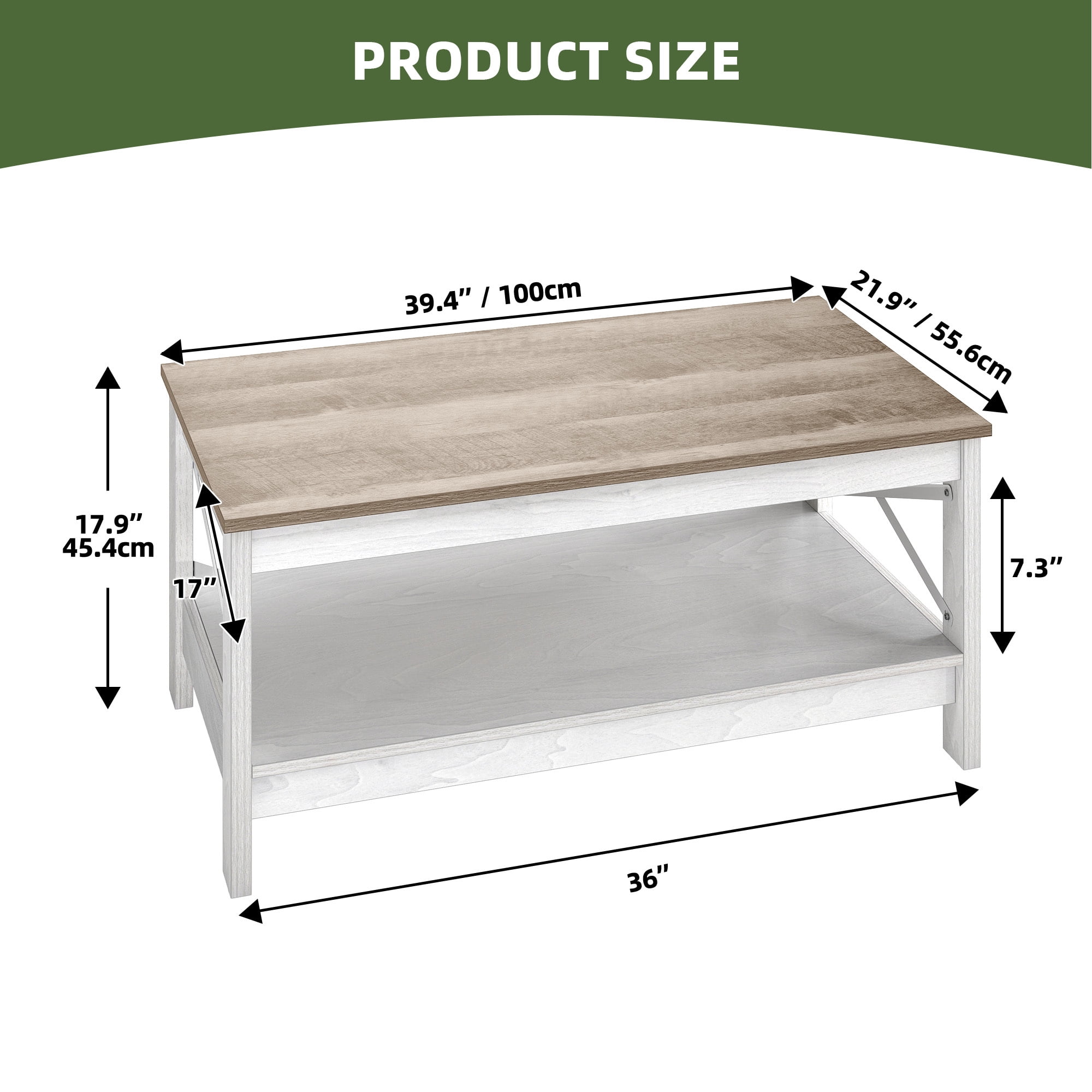 Uforic 39.4 Inch Rectangular Coffee Table with Side X-Support Frame, Thickened Legs & Floor Protection Footpads, Gray