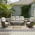 thumbnail image 3 of POCASSY 5 Pieces Patio Furniture Set with 6-inch Thick Cushion, Brown Wicker High Back Outdoor Couch and Swivel Glider Patio Chairs, Sectional Patio Set Ideal for Front Porch Backyard , Beige Cushion, 3 of 14