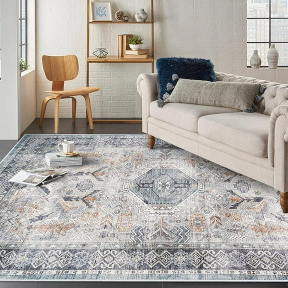 Washable Living Room Runner Rug - 5'x7 'Large Bedroom Rug Distressed Oriental Non-Slip Non-Shedding Print Floor Carpet for Dining Room Kitchen (Grey/Blue, 5 x 7)