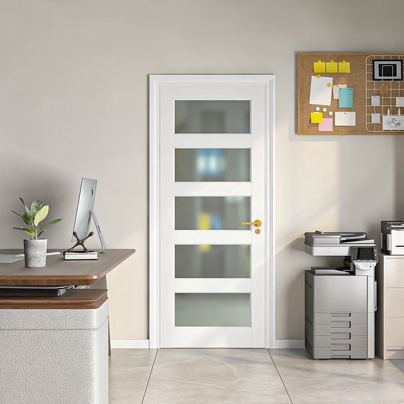 24" X 80"5-Lite  Preassembled Frosted Glass French Door,  for Closet Pantry Bedroom Livingroom Study Office, kitchen Barn Doors-Shaker w/o Hardware,White