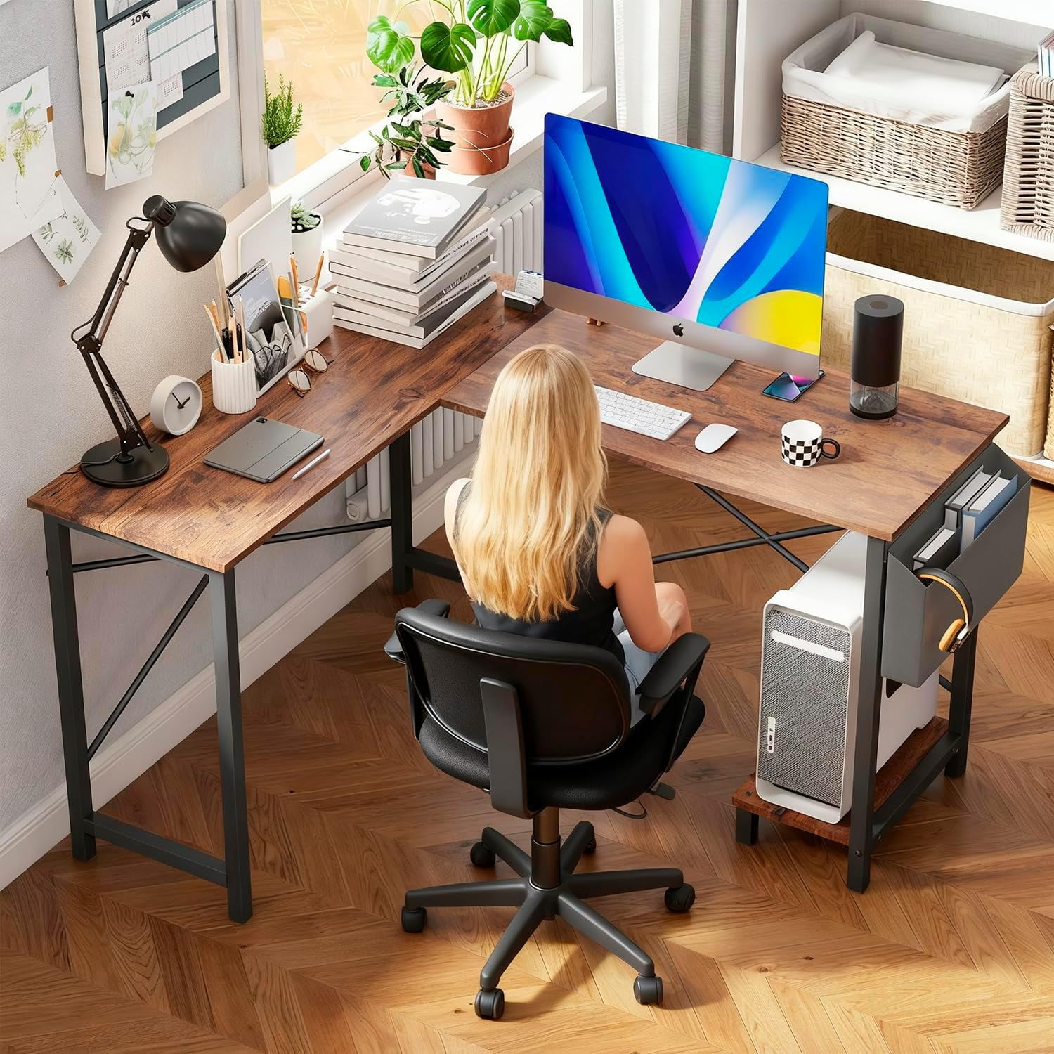 Dkelincs 50 inch L Shaped Home Office Desk with Side Storage Bag & CPU Stand, Corner Computer Desk for Study Writing & Gaming, Brown