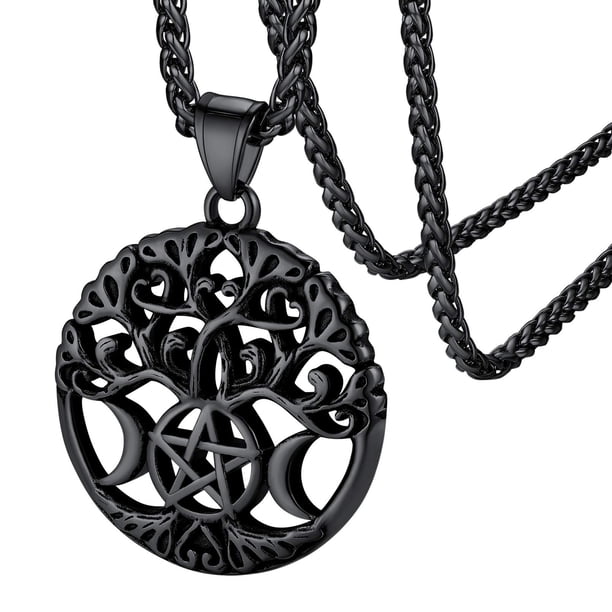 Zhuge Collar con colgante hecho a mano, collar con árbol de la vida y patrón de pentagrama lunar (negro)
