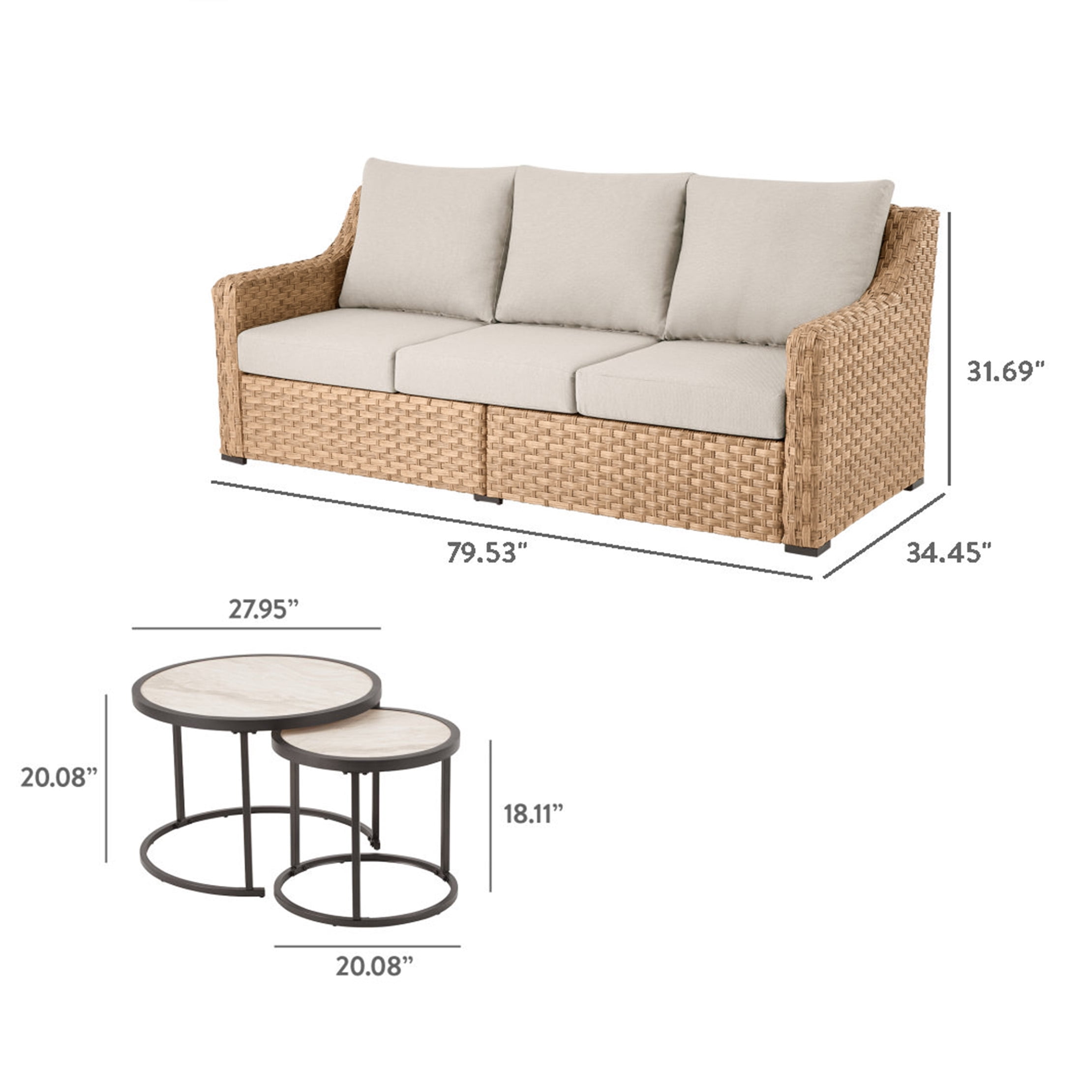 Better Homes & Gardens River Oaks Outdoor Sofa & 2 Nesting Tables with Patio Cover, Natural