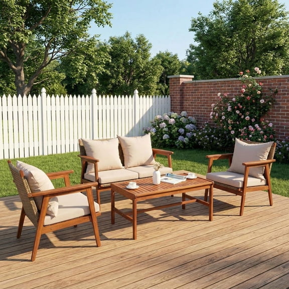 Barara King Outdoor Collection Set, Patio Conversation Table Chair Set, 4 Piece Acacia Wood Patio Rattan Furniture Set-Brown