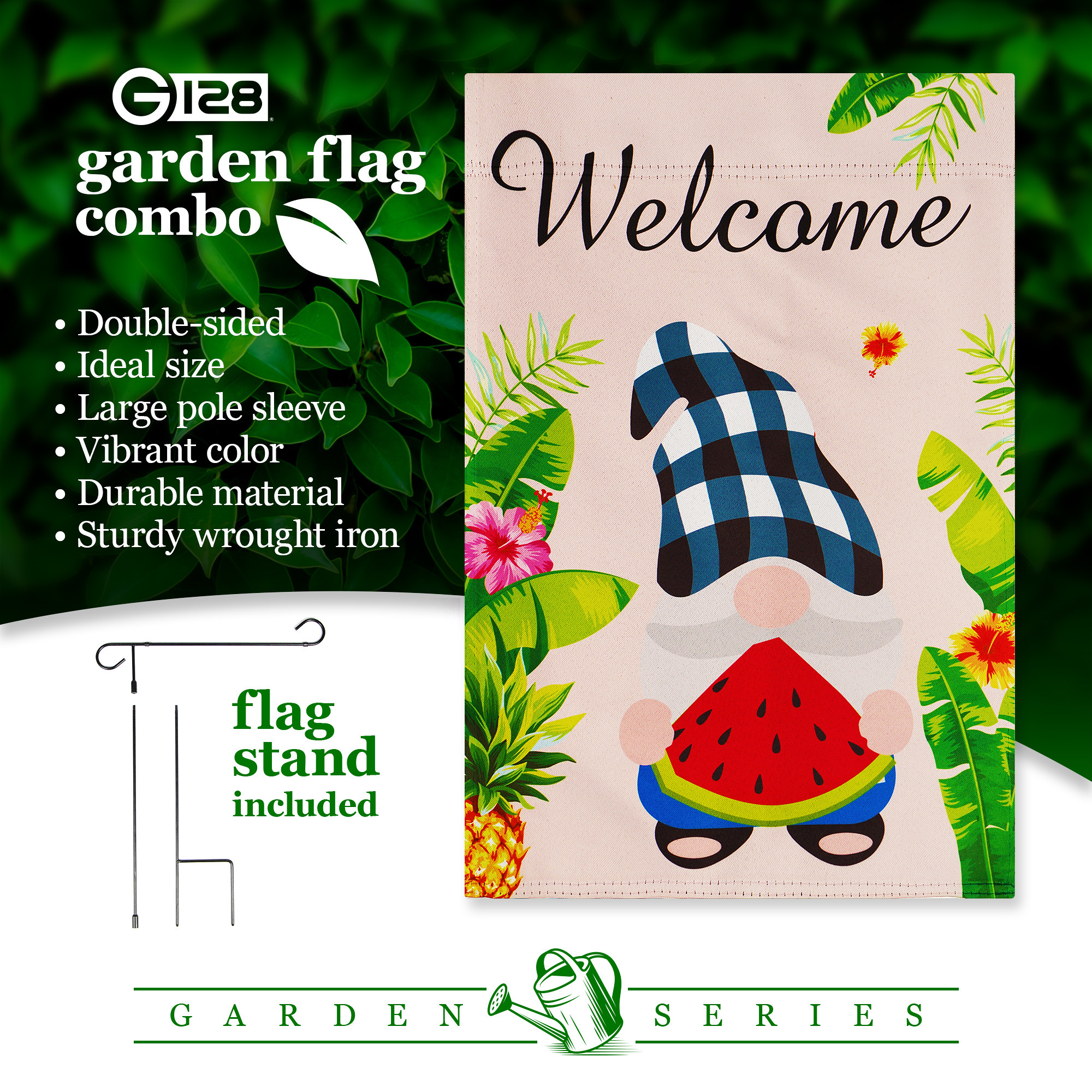G128 Combo Pack: Garden Flag Stand Black 36 in x 16 in & Garden Flag Summer Decoration Welcome Gnome with Watermelon Slice 12"x18" Double-Sided Blockout Fabric