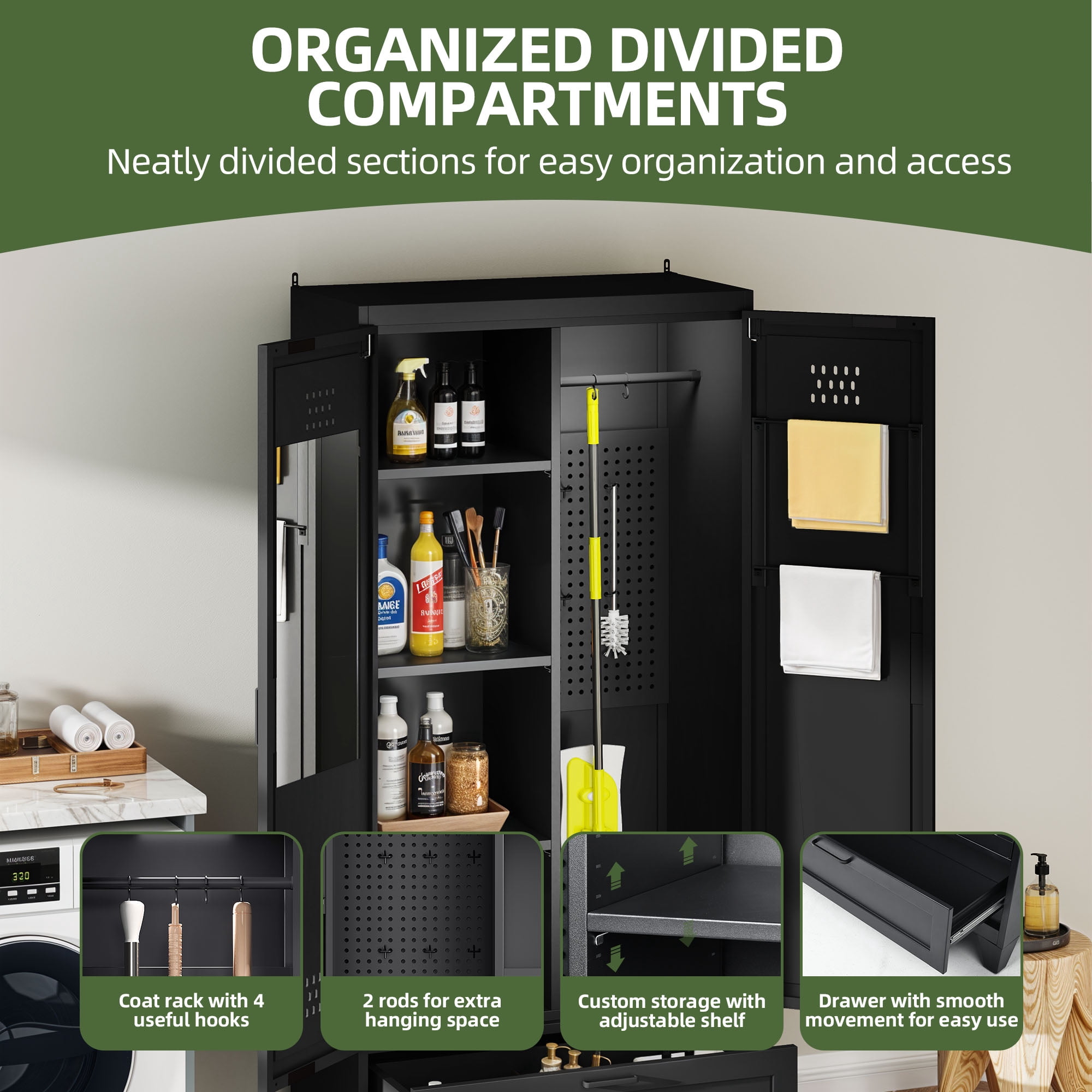Uforic 70.9" Garage Storage Cabinet with Doors & Shelves, Metal Cabinet with Lights, Black