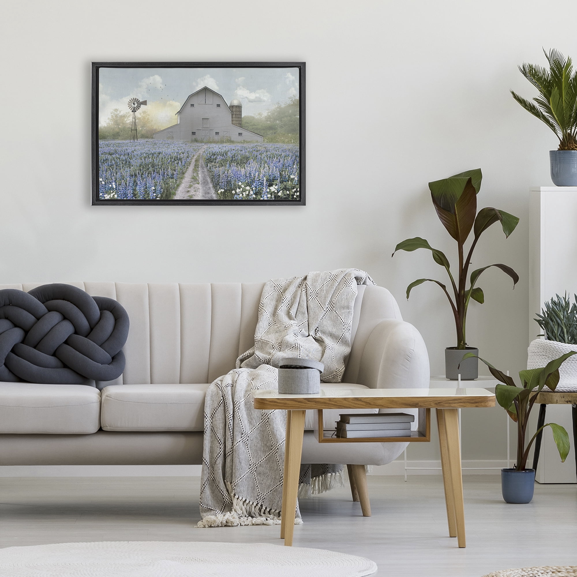 Stupell Industries Meadow of Blue Flowers & Barn Black Framed Floater Canvas Wall Art, design by Nan