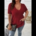 thumbnail image 3 of Blusas Casuales de Talla Grande para Mujer, Cuello en V, Color Liso, Ligeras y de Corta. Vino Tinto XL, 3 of 5