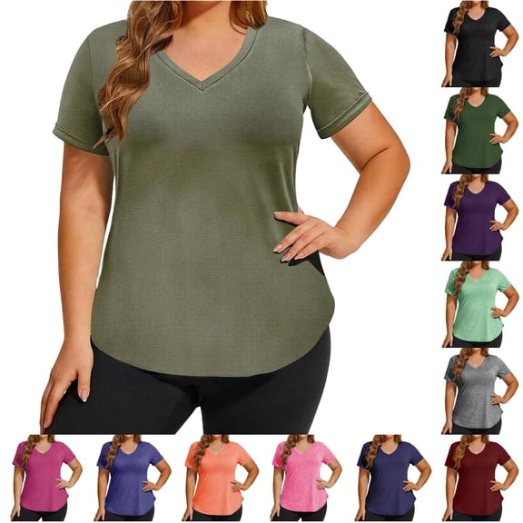 Jane Wardrobe Women's Plus Size V-Neck Curved Hem T-Shirt, Loose Fit Short Sleeve Casual Athletic Top, 1 Piece, S-XXL Plus Size Friendly