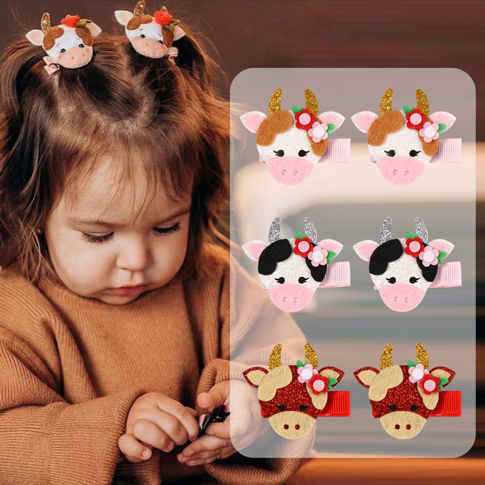 6Pcs Kids Toddler Hairpin Baby Girls Hair Clip Bow Cartoon Animal Hairpin Set 