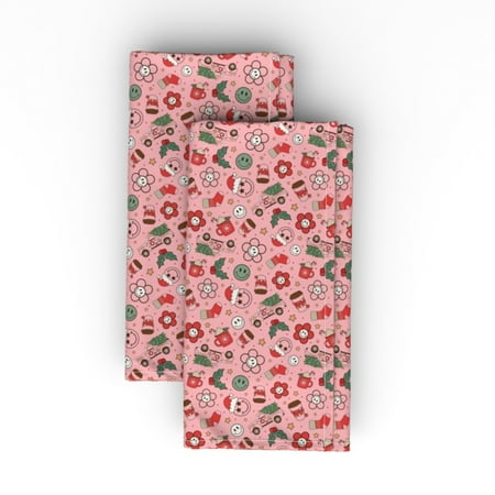 

Linen Cotton Canvas Dinner Napkins (Set of 2) - Groovy Christmas Face Santa Claus Retro Pink Truck Trees Daisy Flowers Print Cloth Dinner Napkins by Spoonflower