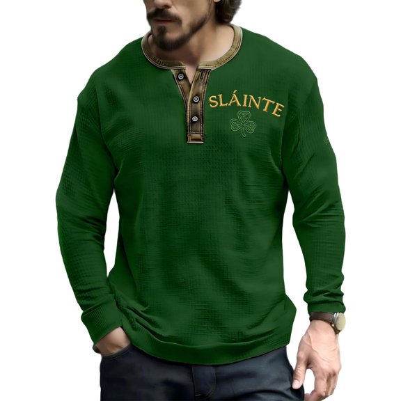 SLAINTE Men's Waffle Knit Button-Up Henley Shirt, Breathable Long Sleeve Casual Shirt for Streetwear and Outdoor Activities,Army Green,L