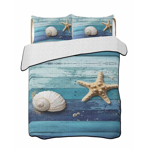 Quilts Full Size Bedding Set, Ocean Starfish Lightweight Quilted Comforter, Nautical Coastal Conch Wooden Board Ombre Blue Soft Bedspread Coverlet with Pillow Covers for All Season, 78" x 90"