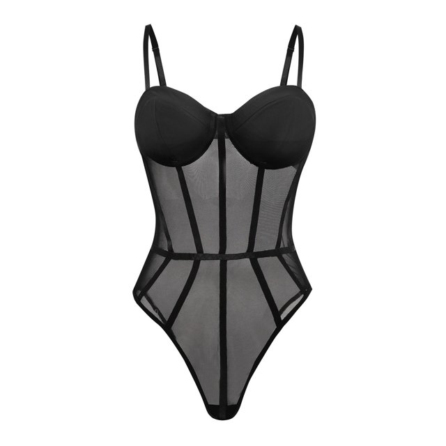 Ropa interior sexy de mujer con tirantes, corsé de malla y body.
