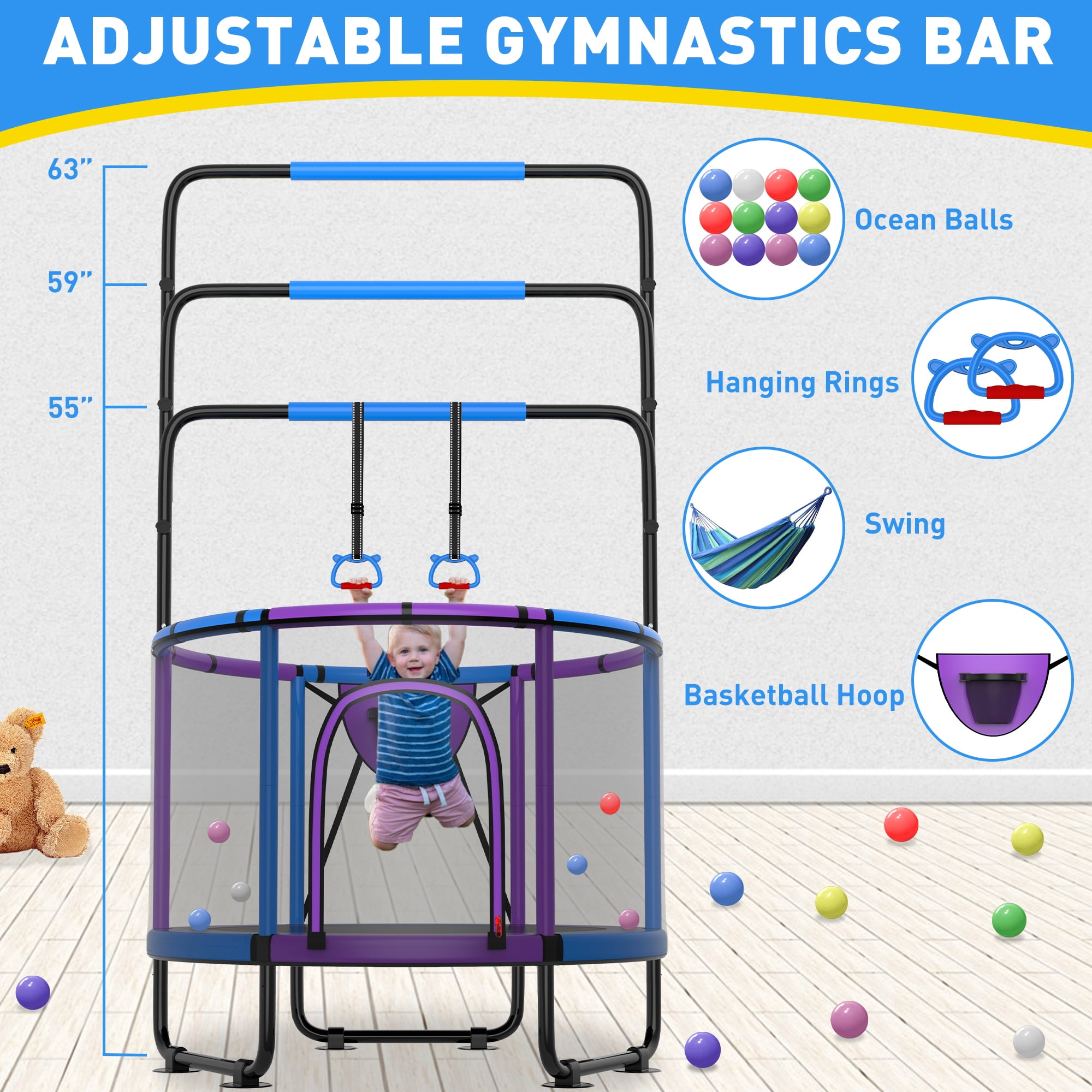 CITYLE Trampoline for Kids 500LBS 4.5FT Toddler Trampoline Indoor Outdoor with Basketball Hoop, Swing, Adjustable Bar, 54'' Mini Small Trampoline with Enclosure, Gifts for Toddlers, Boys & Girls