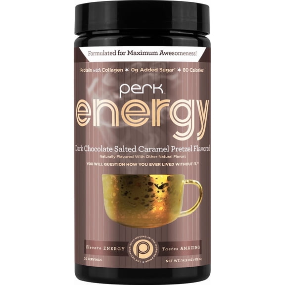 Perk Energy Drink Mix (Dark Chocolate Salted Caramel Pretzel) 20 Servings - Caffeinated Healthy Coffee Alternative with Protein, 100mg of Caffeine