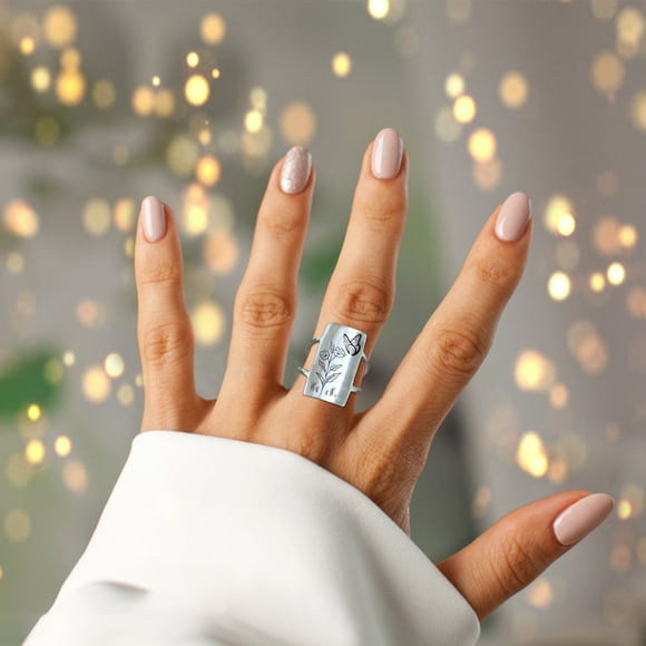 TIMIFIS Silver Rings New S925 Hummingbird And Flower Ring Ring S925 Sterling Flower And Bird Chunky Ring, Flower Hummingbird Engraved Wide Ring For Wome Valentine'S Day Gift