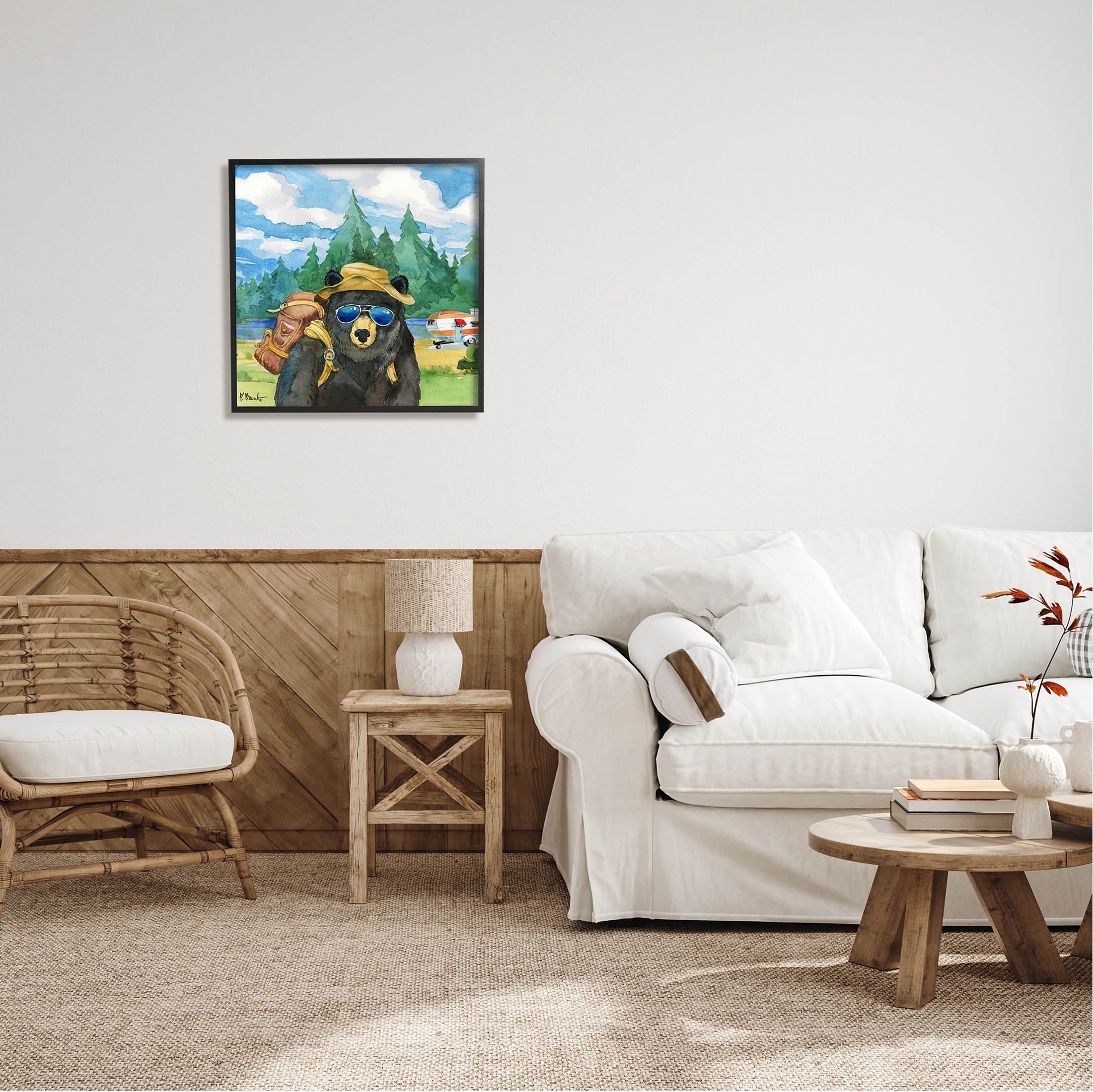 Stupell Industries Happy Camper Black Beer Hiker Painting Black Framed Art Print Wall Art, Design by Paul Brent