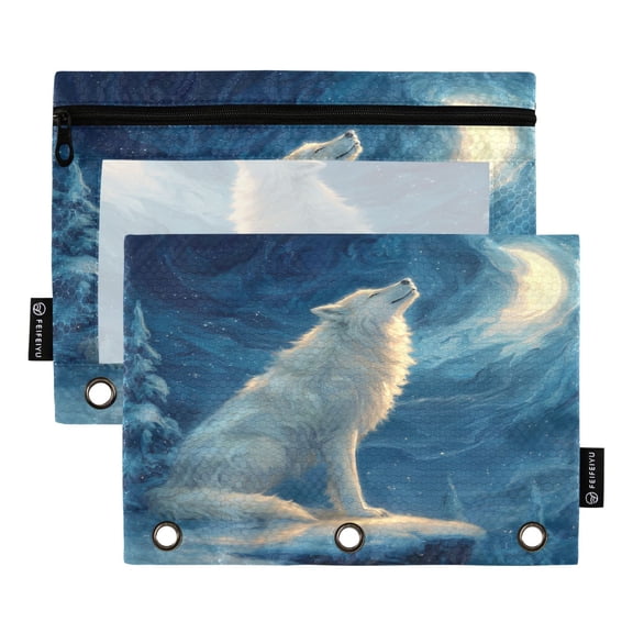 2 Pack 3 Ring Binder Pouch with Clear PVC Window Water Resistant Zipper Pencil Pouch Direwolf Binder Pocket for Classroom Office Home Stationery Organization