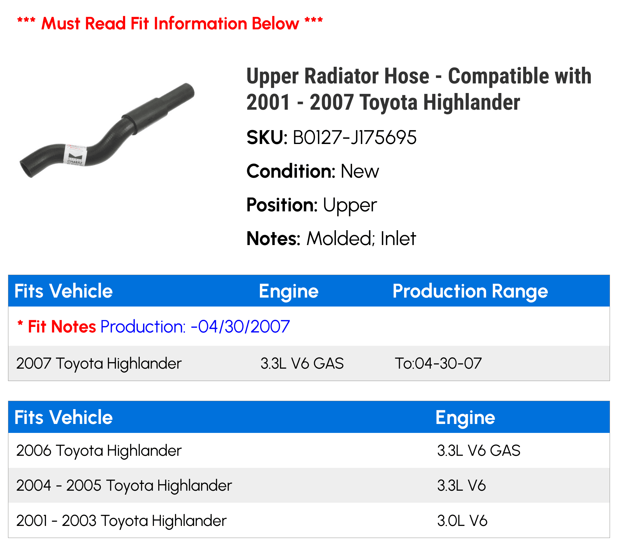 Upper Radiator Hose - Compatible with 2001 - 2007 Toyota Highlander 2002 2003 2004 2005 2006